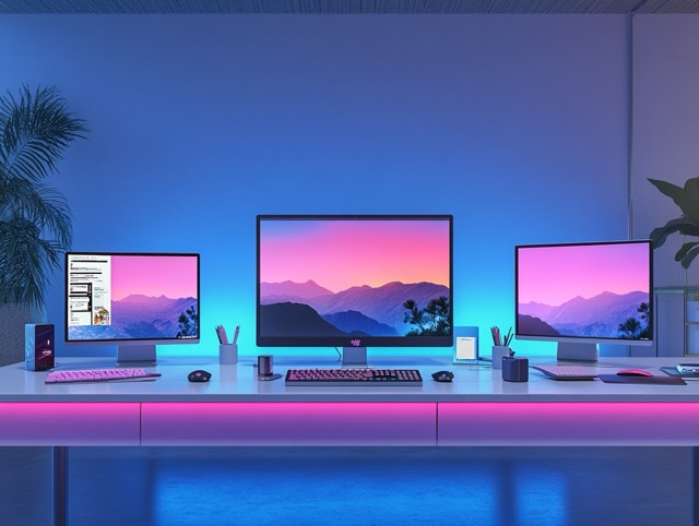 Desk setup with three monitors showing pink and purple landscape wallpapers