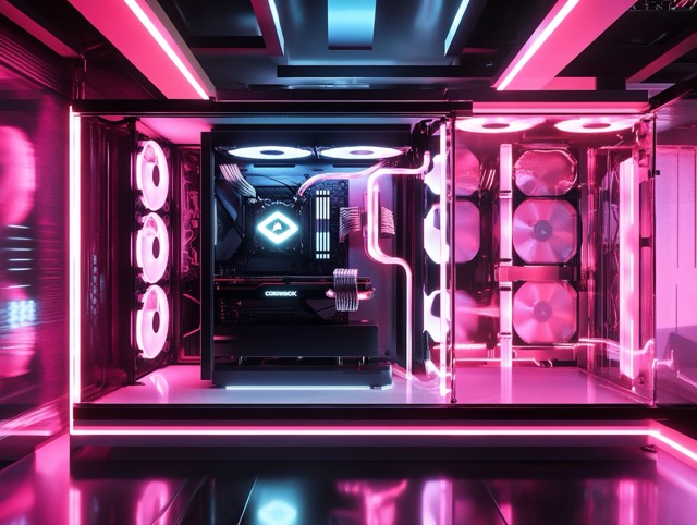 Room lined with PC cases and mirrored panels glowing in pink and white neon