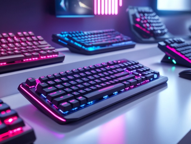 Two keyboards laid out on a white desk under pink and blue accent lighting