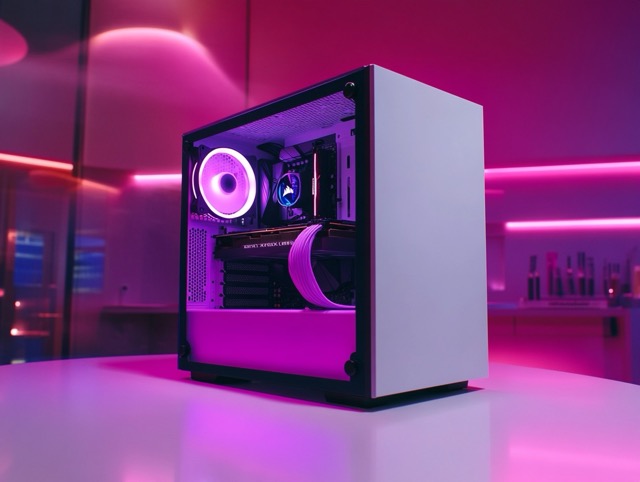 White PC case with a purple lit fan standing against a pink neon wall