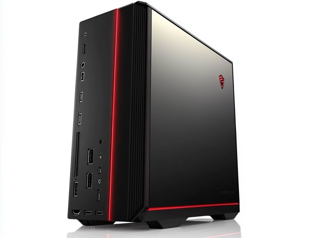 Slim desktop PC tower with a red accent stripe on a white background