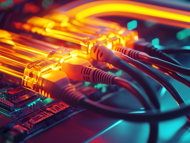 Ethernet cables plugged into a network switch with glowing orange port lights