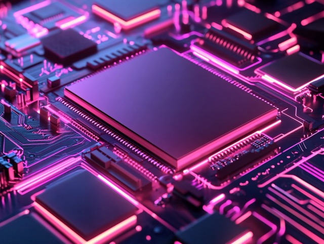 Close-up of a processor chip on a circuit board traced with glowing pink lines