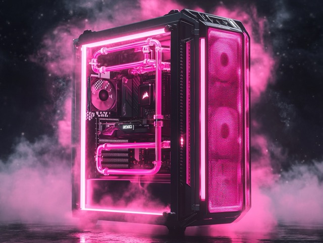 PC case glowing bright pink with visible internal components