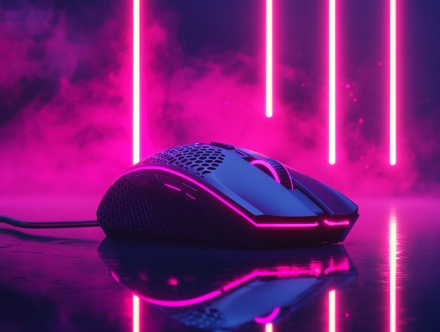 Blue gaming mouse on a glossy floor against magenta neon tubes on the wall