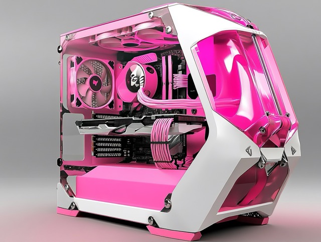Pink and white PC case with its side open showing liquid cooling and components