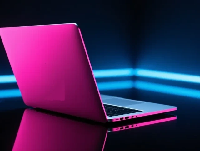 Bright pink laptop open at an angle in front of glowing blue neon light bars