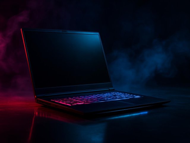Gaming laptop with an RGB backlit keyboard and a dark screen
