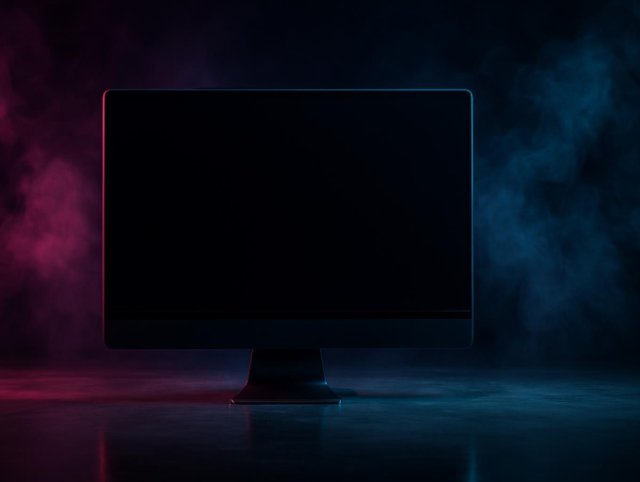 Monitor with a blank dark screen on a small stand surrounded by pink and blue haze