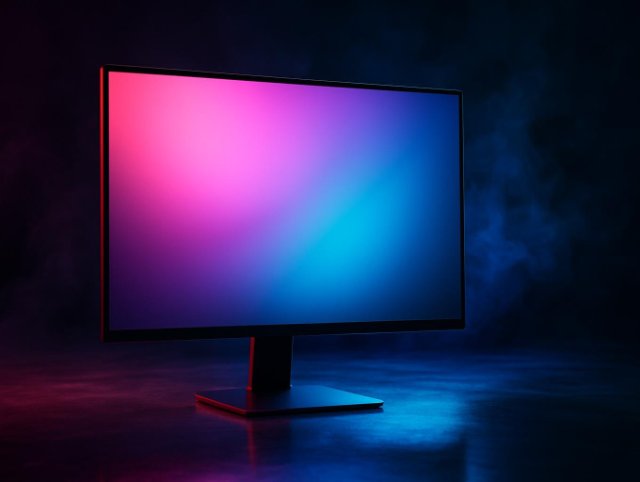 Monitor showing a pink and blue gradient screen on a low stand in dark haze