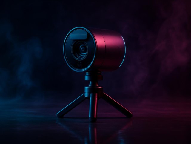 Webcam mounted on a small tripod with a ring-lit lens facing forward