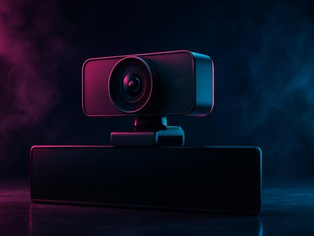 Webcam clipped onto the top edge of a monitor against a dark smoky backdrop