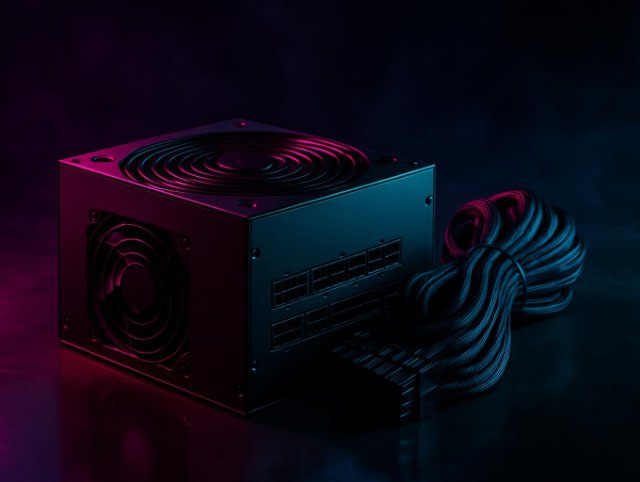 Power supply unit with a large fan and braided cables attached