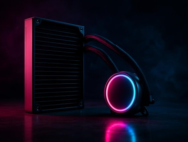 Liquid cooler radiator beside a ring-lit pump head