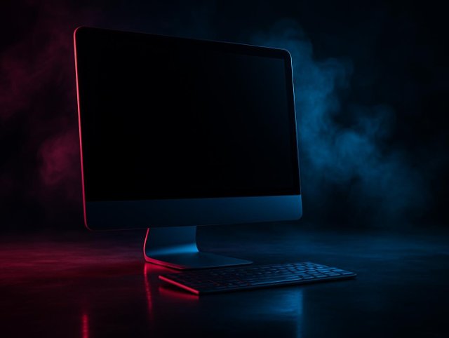 All-in-one desktop with a blank screen and a keyboard resting in front of it
