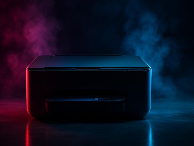 Low flat printer with a wide front output slot glowing red on a reflective floor