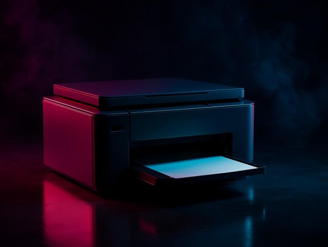 Printer with a sheet of paper emerging from its front tray in red neon light