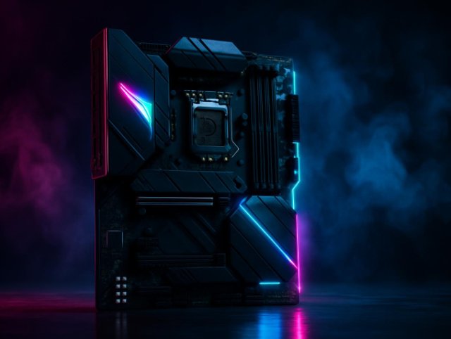 Motherboard standing upright with purple and pink light along its heatsink covers