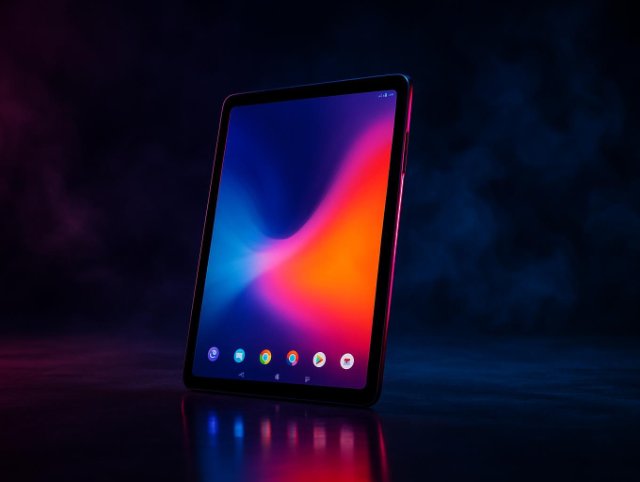 Tablet standing upright showing a colourful home screen with a row of app icons