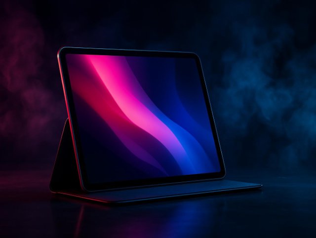 Tablet propped on a folio stand showing a pink and blue swirl wallpaper