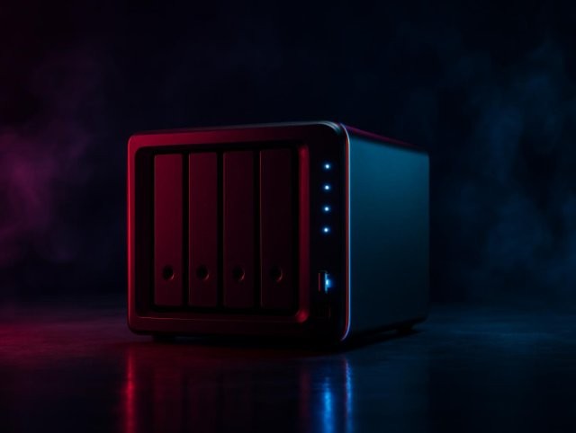 Four-bay network storage enclosure with stacked drive trays and small status lights