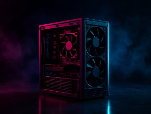 PC case with a glass side panel showing a pink front fan and dark side fans