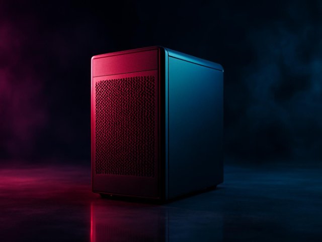 PC tower case with a red mesh front panel standing on a reflective floor