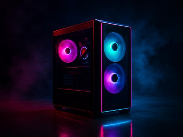 PC tower with a glass panel showing pink and cyan RGB fans stacked inside