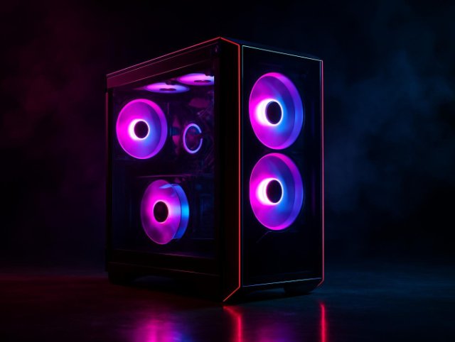 PC case with glass panels revealing four RGB fans lit in pink and blue