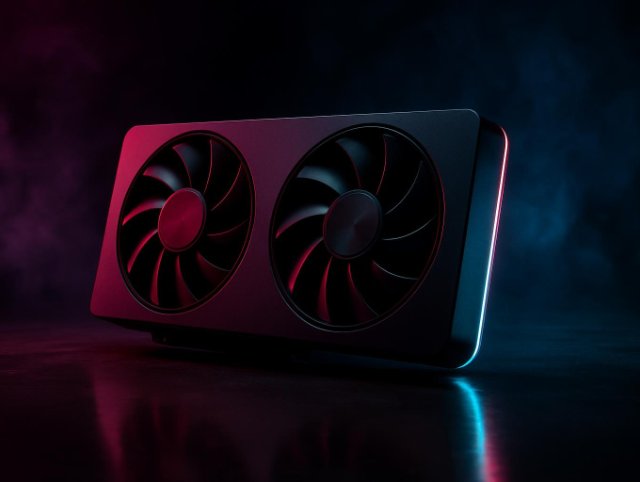 Dual-fan graphics card leaning on a reflective dark surface