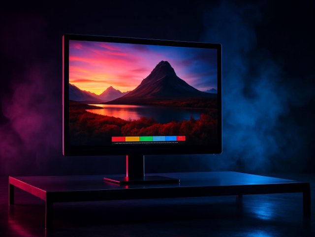 Monitor displaying a mountain landscape with a colour calibration strip below the screen