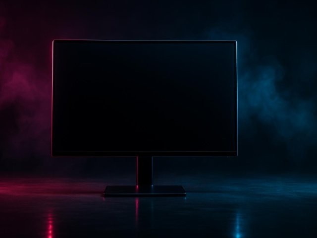 Monitor with a blank black screen on a narrow stand against a smoky dark backdrop
