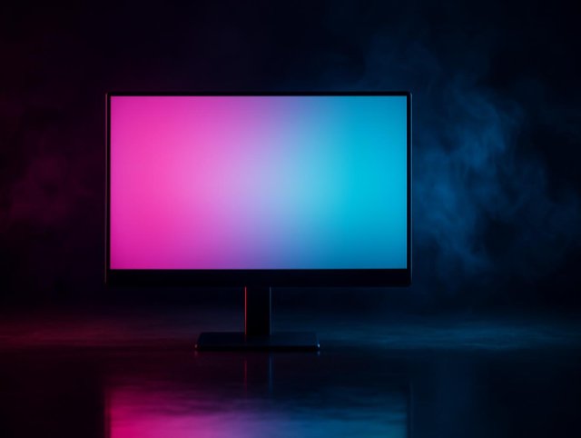 Monitor displaying a pink to cyan gradient screen on a thin dark stand