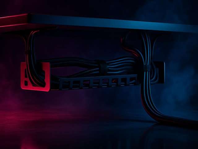 Under-desk cable tray with bundled cables routed through it beneath a desktop