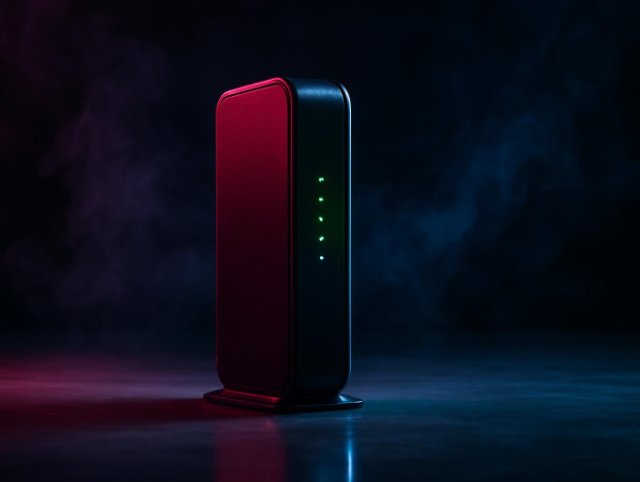 Vertical cable modem with a column of green status lights on a dark reflective floor
