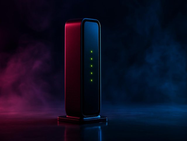 Tall vertical modem with a column of green status lights on a glossy floor
