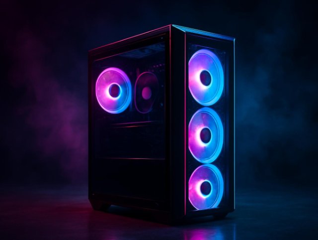 PC tower with three pink and blue ring fans behind a glass panel