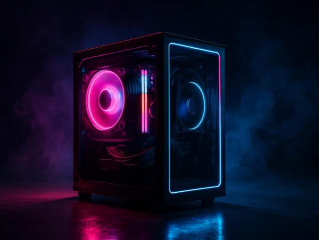 PC case with a glass side panel showing a pink RGB fan and a vertical light strip