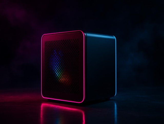 Small cube speaker with a perforated grille glowing in pink and blue light