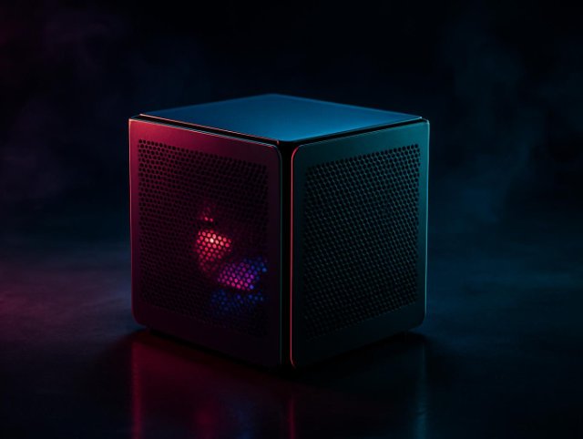 Cube PC case with a mesh side panel and a red-lit fan