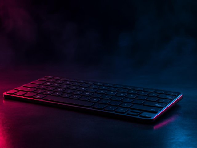 Slim low-profile keyboard lying flat on a dark floor with red light glowing beneath