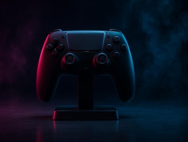 Wireless game controller resting on a charging stand under red and blue neon