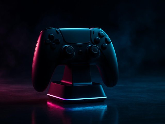 Wireless game controller on a stand beside a gaming desk setup