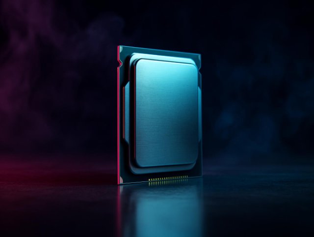 Computer processor standing upright showing its metal heat spreader