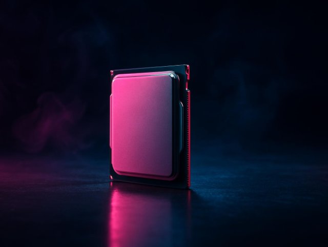 Portable hard drive standing upright with a pink front face