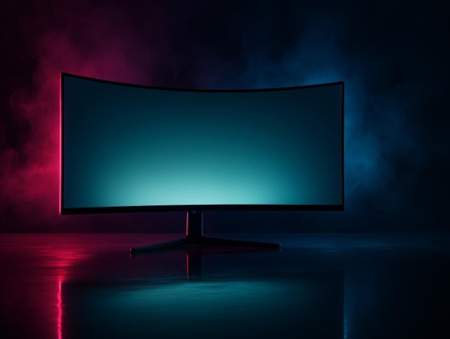 Curved widescreen monitor with a softly glowing blank display
