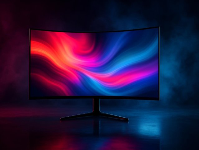 Curved monitor showing a colourful red and blue abstract wallpaper on a wide base