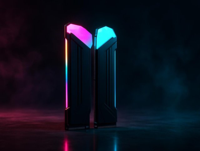 Two tall narrow light bars glowing with a rainbow gradient along their inner edges