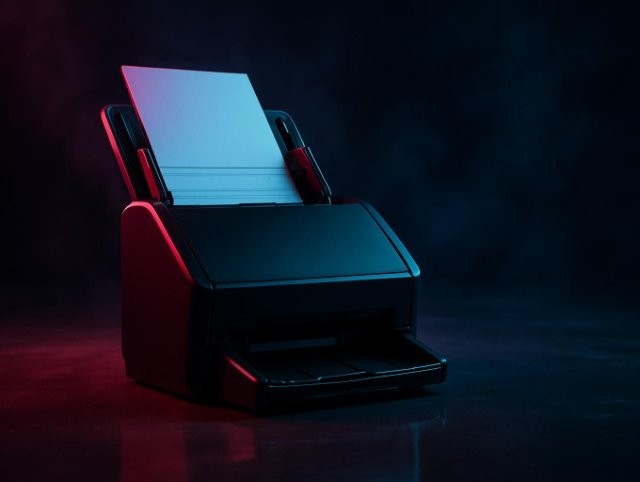 Document scanner with its paper feed tray open, lit by pink and blue neon
