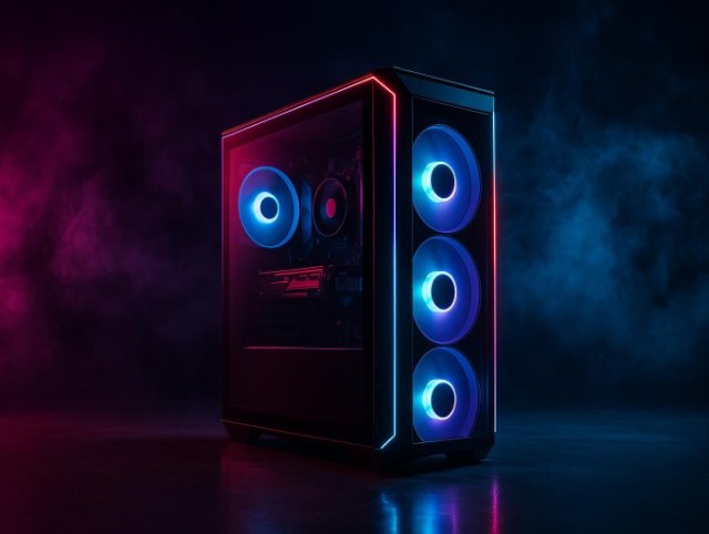 PC case with a glass side panel showing three blue lit RGB fans inside